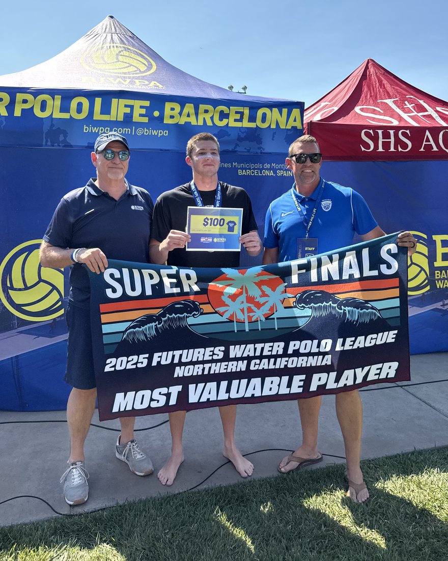 Gavin Conant holding the 2025 Futures Water Polo League Super Finals MVP banner